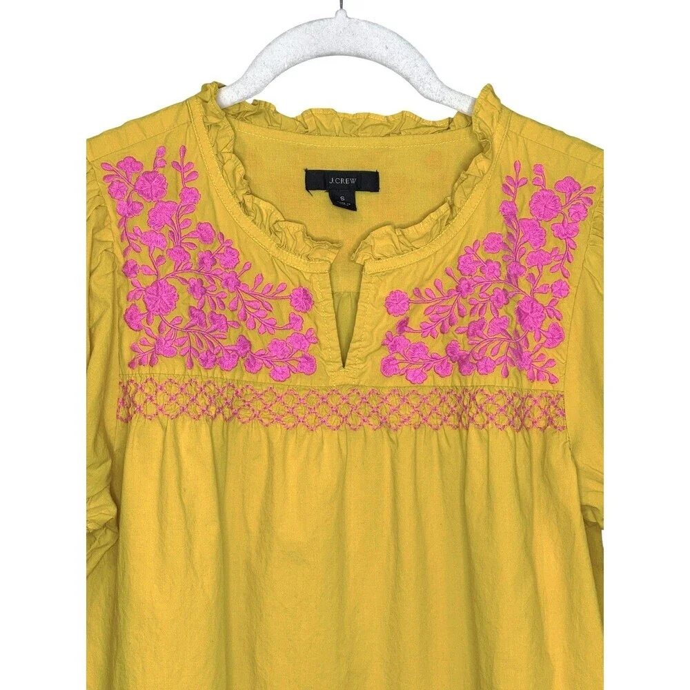 J.Crew Blouse Womens Small Yellow Embroidered Floral Boho Short Sleeve Tunic Top